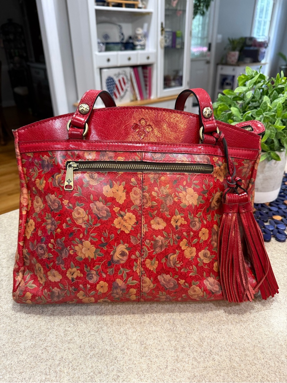 Patricia Nash Red Floral Leather Tassel Shoulder Bag